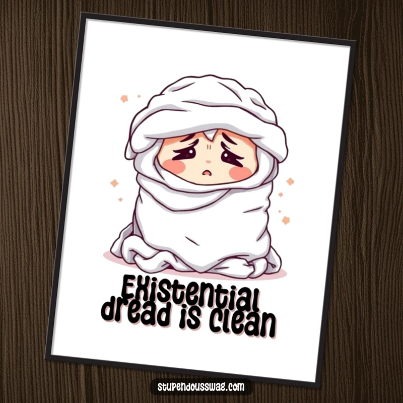 Funny poster artwork of a bewildered pile of laundry sighing dramatically, a humorous statement piece for any room.