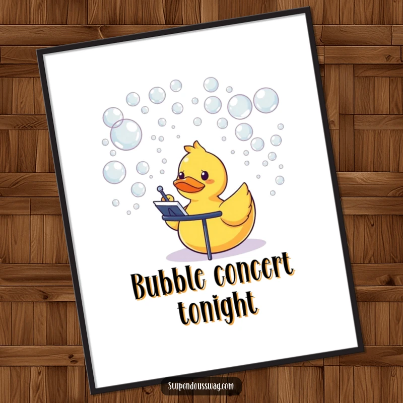 Funny rubber duck conducting an orchestra of bubbles, a whimsical and humorous poster.