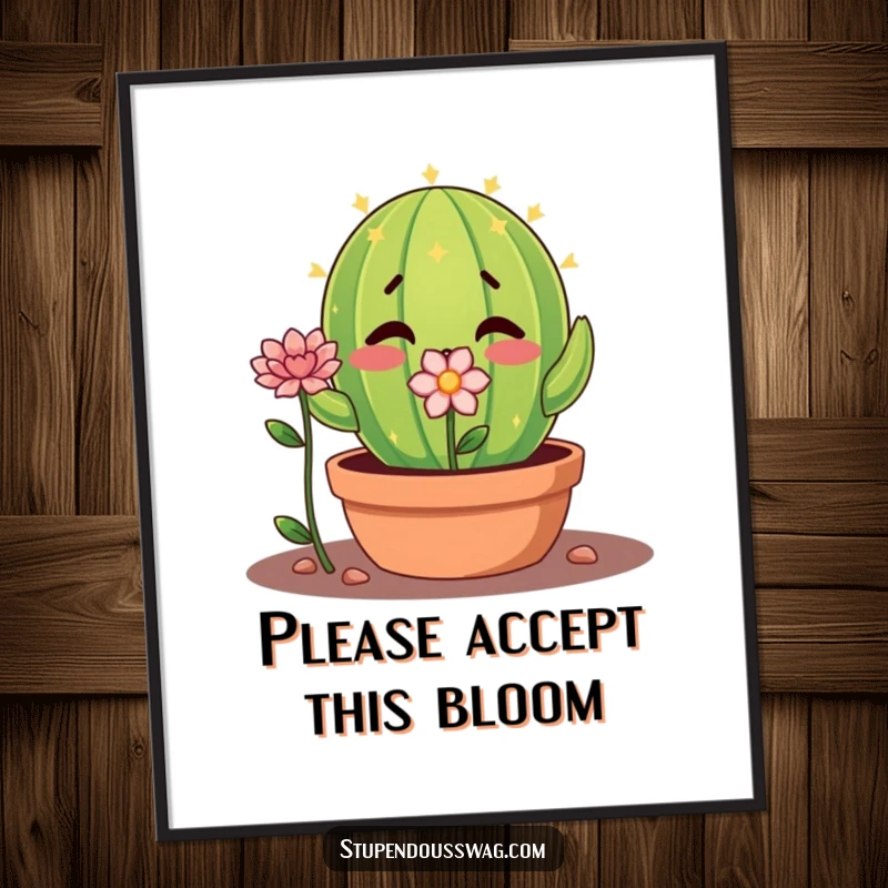 Funny shy cactus poster with a nervous plant offering a flower, a humorous and tender wall art print.