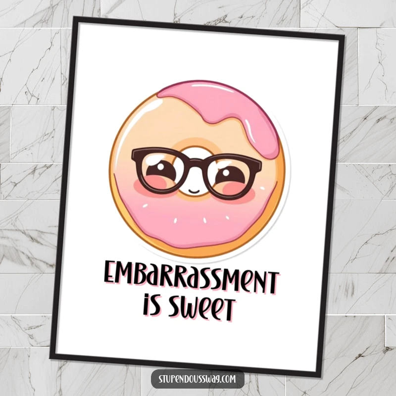 Funny poster art of a shy donut wearing glasses, blushing vividly, creating a heartwarming and humorous visual.