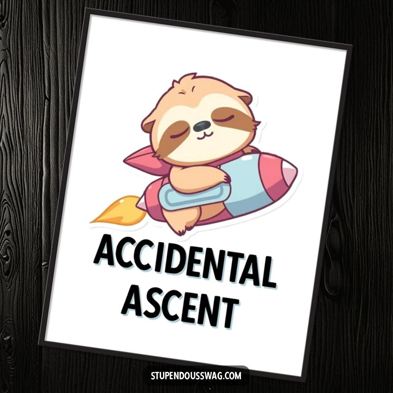 Funny poster art of a sleepy sloth wearing a jetpack, accidentally zooming upwards with a surprised expression.