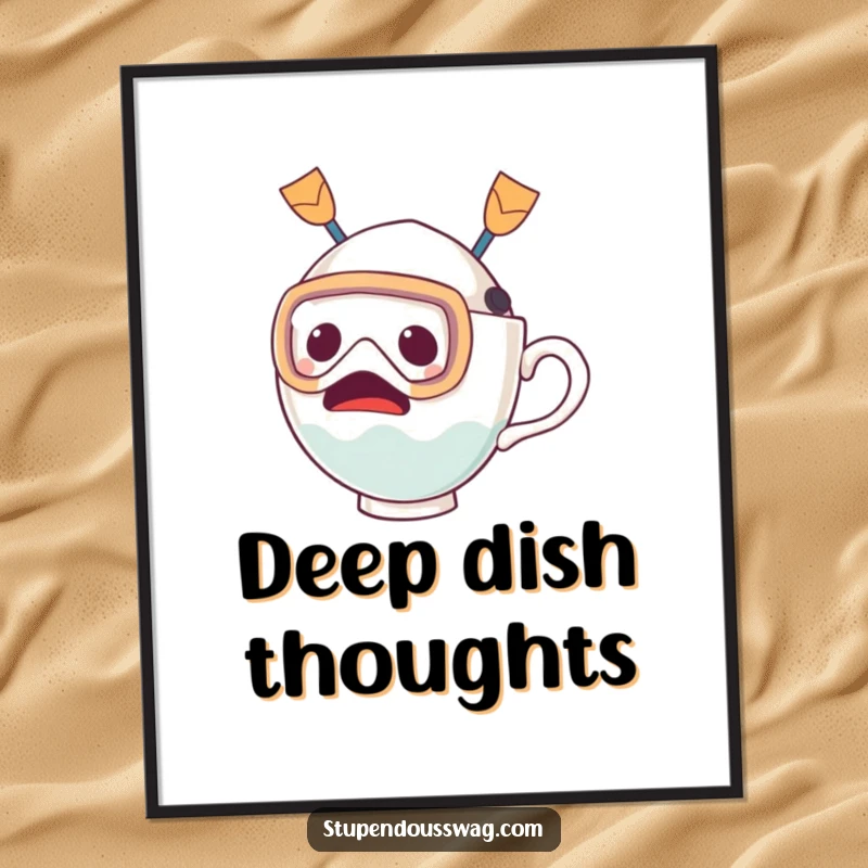 Funny poster featuring a startled teacup character wearing a diving mask and fins, humorously poised to dive into an imaginary body of water.