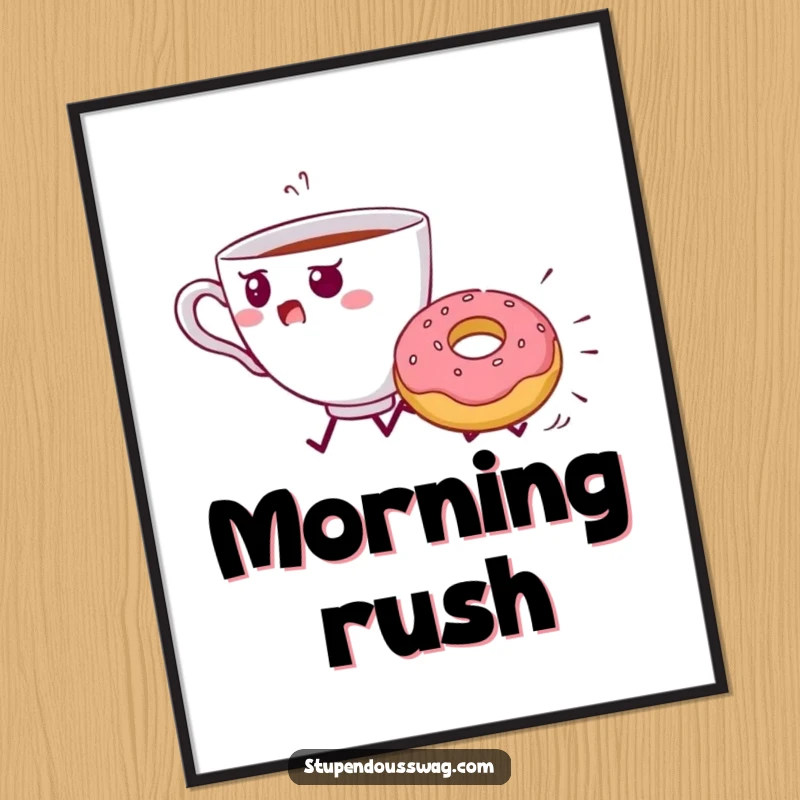 Funny Teacup Donut Chase Poster: A startled teacup is pursued by a rolling donut.