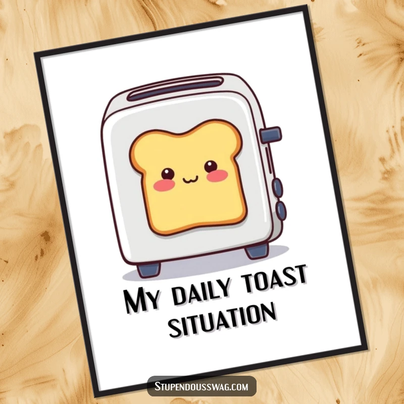 Funny poster depicting a smiling bread slice comically stuck halfway out of a toaster, bringing humorous breakfast vibes to any wall.