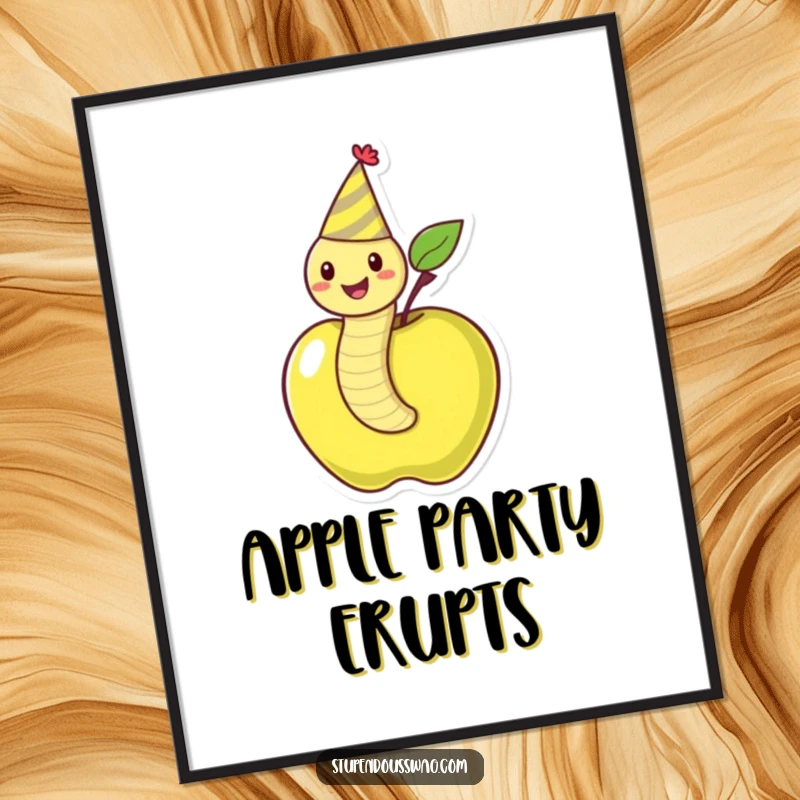 Funny poster art of a happy worm in a party hat wiggling out of an apple, creating a dynamic and cheerful visual.