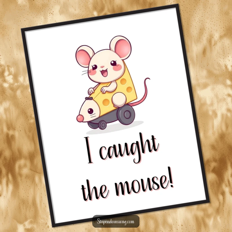 Happy piece of cheese riding a squeaky toy mouse, a humorous and whimsical poster.