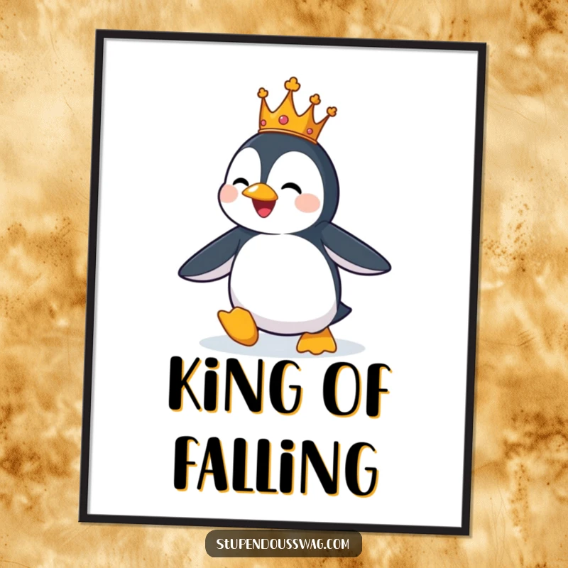 Funny poster art featuring a penguin wearing a tiny crown, comically trying to take flight.