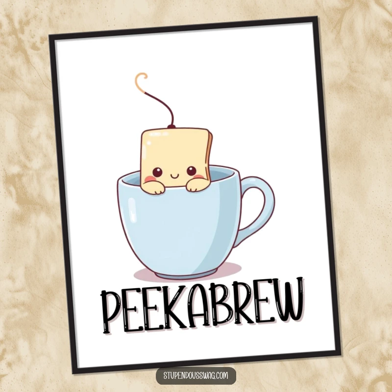 Funny poster art of a shy teabag peeking from a steaming mug, capturing relatable introversion and the comfort of tea.