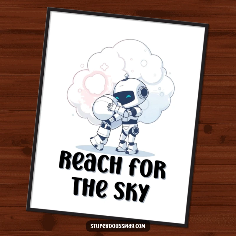 Funny tiny robot attempting a giant hug with a fluffy cloud, presented as charming wall art for a touch of whimsical delight.