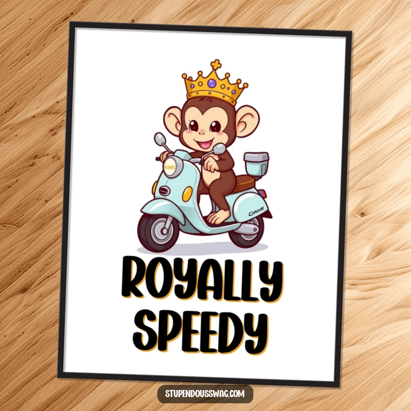 Funny Monkey King Poster illustrating a mischievous monkey wearing a crown, riding a tiny ornate scooter with a regal air.