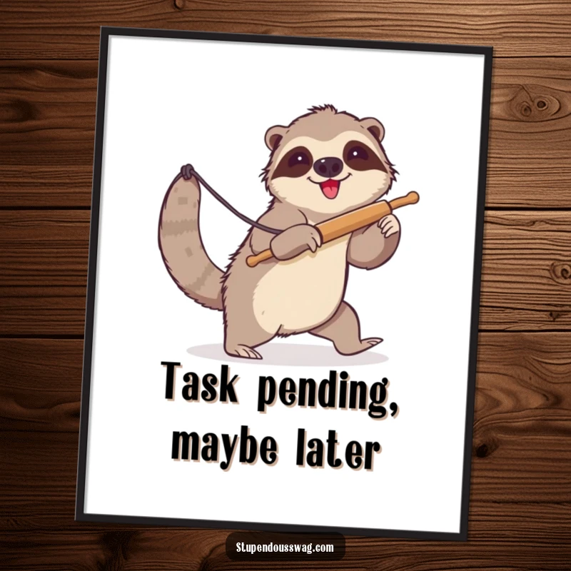Funny sloth poster of a clumsy sloth attempting to lasso a runaway rolling pin. Humorous animal-themed wall art for kitchens and homes.