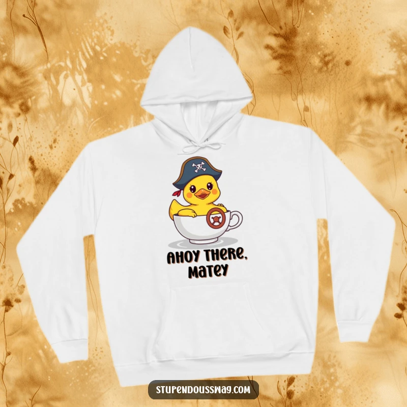 Funny hoodie showing a rubber duck wearing a pirate hat steering a teacup, providing warmth and a humorous visual.