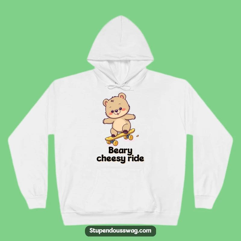 Funny Bear Cub Cheese Skateboard Hoodie: Cozy Comfort with Clumsy Cub's Cheesy Ride