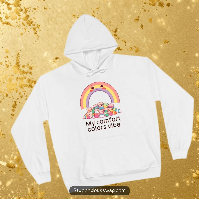Funny hoodie featuring a bright rainbow arching over a heap of giggling socks, designed for ultimate cozy humor.
