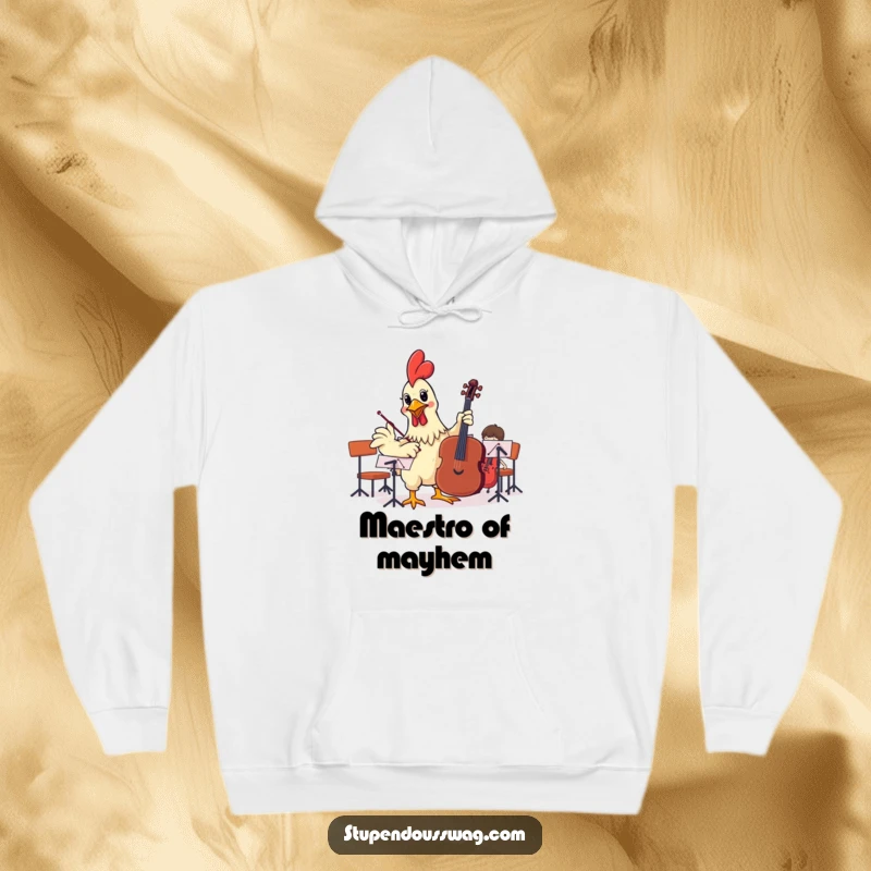 Funny hoodie featuring a rubber chicken attempting to conduct an orchestra, offering warmth and a dose of chaotic musical humor.