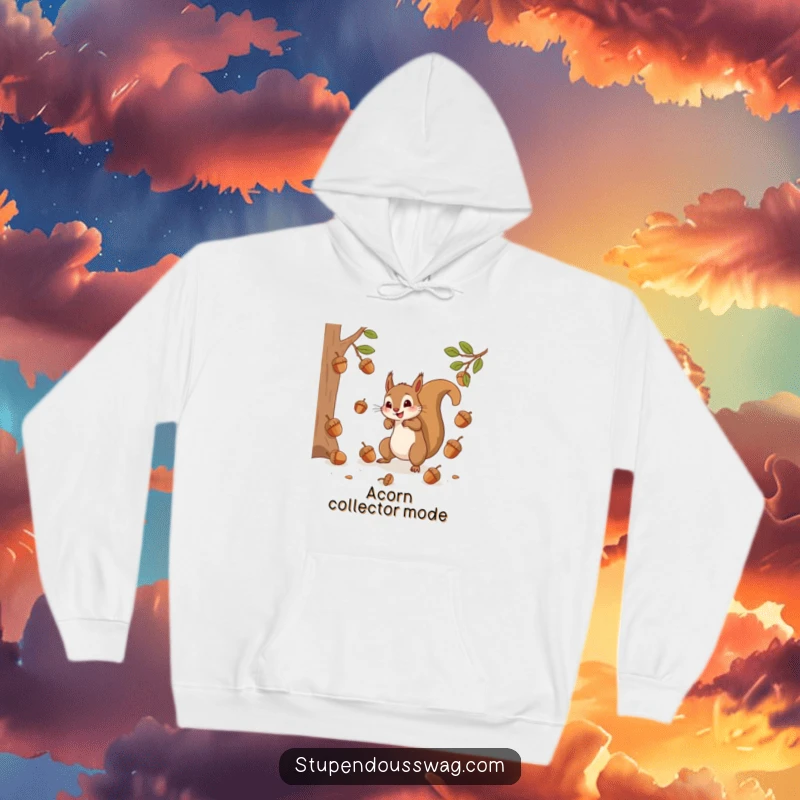 A soft, warm hoodie featuring a frantic squirrel trying to catch bouncing acorns, perfect for cozying up during busy times.