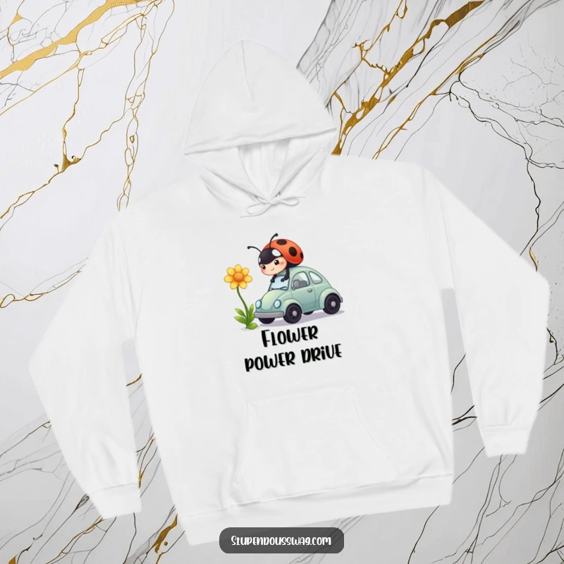 Funny hoodie depicting a ladybug earnestly trying to fuel a tiny car using a single flower, a comical display of effort.