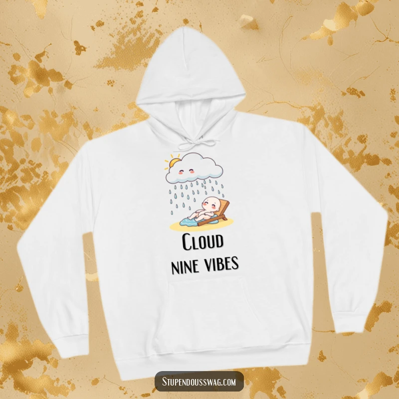 Funny Hoodie: A playful cloud raining giggling raindrops onto a serene sunbather, a humorous take on weather.