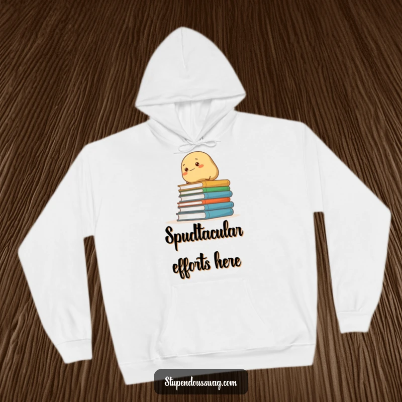 Funny hoodie depicting a resolute potato ascending a stack of books, a humorous take on academic perseverance.