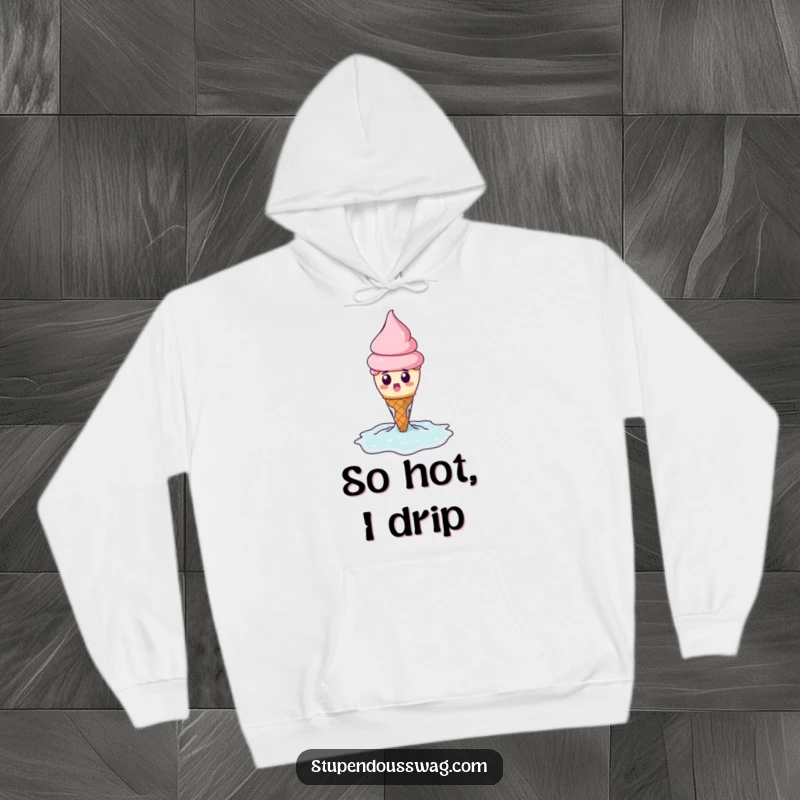 Funny hoodie depicting a surprised ice cream cone melting dramatically into a puddle, celebrating dessert fun.
