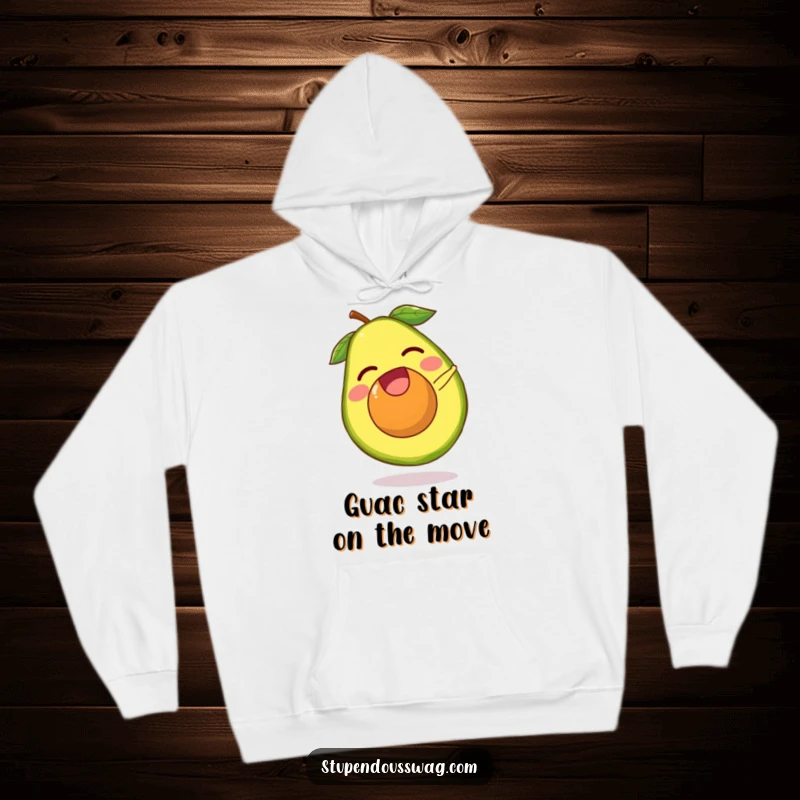 Funny avocado hoodie with a laughing avocado pit escaping its fruit and performing a tiny somersault. Cozy and humorous apparel for food lovers.