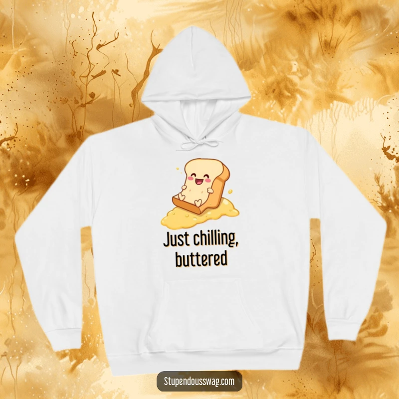 Funny hoodie illustrating a gleeful bread loaf comically descending a butter-slicked slope, embodying chaotic fun.