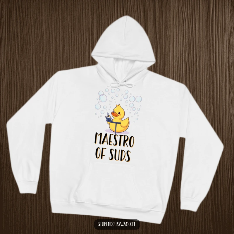 Funny rubber duck leading an orchestra of bubbles, depicted on a soft and cozy hoodie.