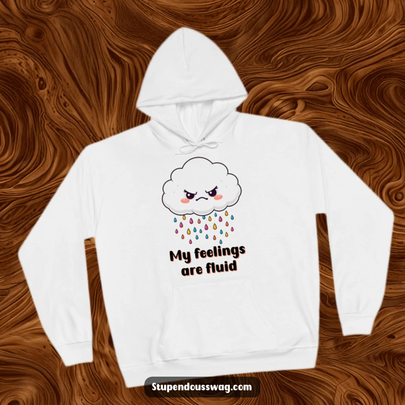 Funny grumpy cloud hoodie, digitally illustrated with miniature, vibrant raindrops, conveying a humorous, cozy, slightly melancholic feel.