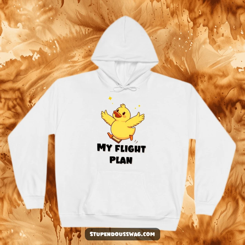 Funny hoodie showcasing a brave rubber ducky courageously jumping off a slice of flying toast, designed for maximum cozy amusement.