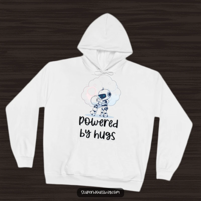 Funny tiny robot attempting a giant hug with a fluffy cloud, featured on a cozy hoodie for warm, humorous, and heartwarming wear.
