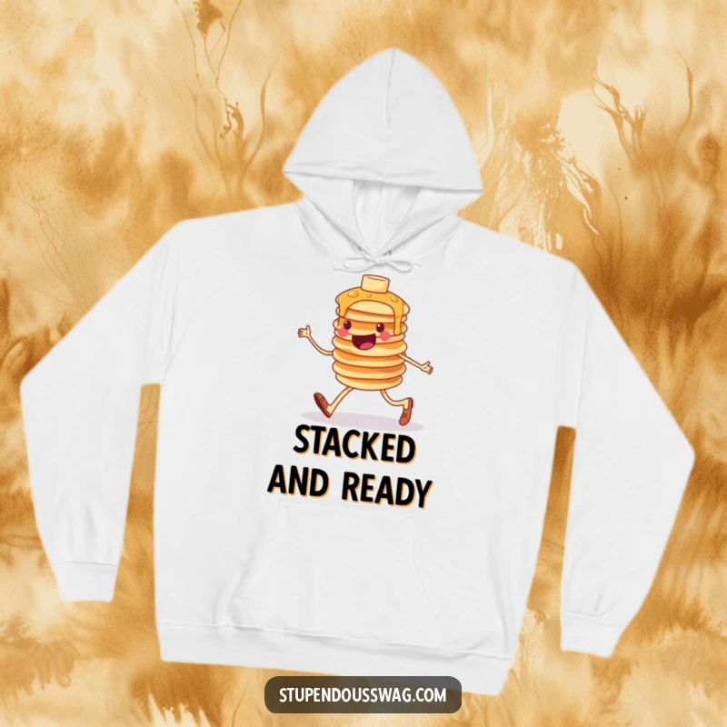 Funny hoodie featuring a cheerful, wobbly stack of pancakes humorously marching, offering warmth and a dose of breakfast-themed fun.