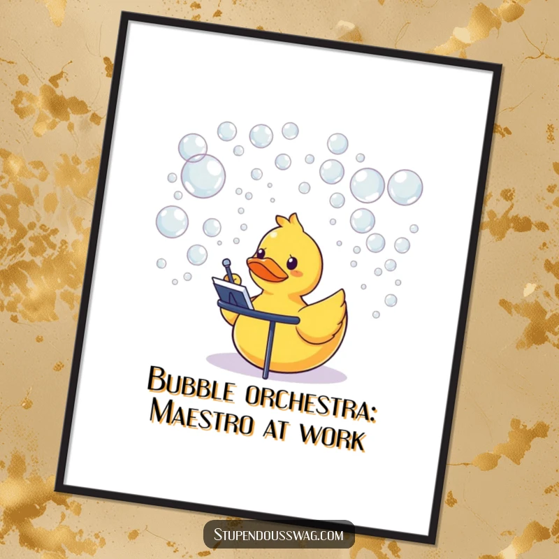 Funny Free Printable Wall Art: A rubber duck enthusiastically conducting a glorious orchestra made entirely of floating bubbles, unique decor.