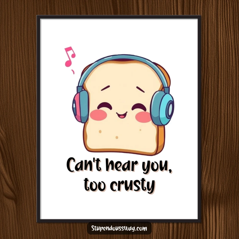Silly Free Printable Wall Art: A slice of bread wearing earmuffs, comically trying to hear music, adds humor.