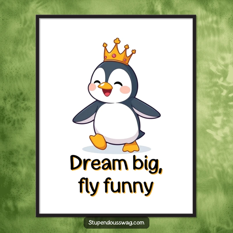 Whimsical Free Printable Wall Art: A penguin in a tiny crown comically attempts flight, adding humorous charm.