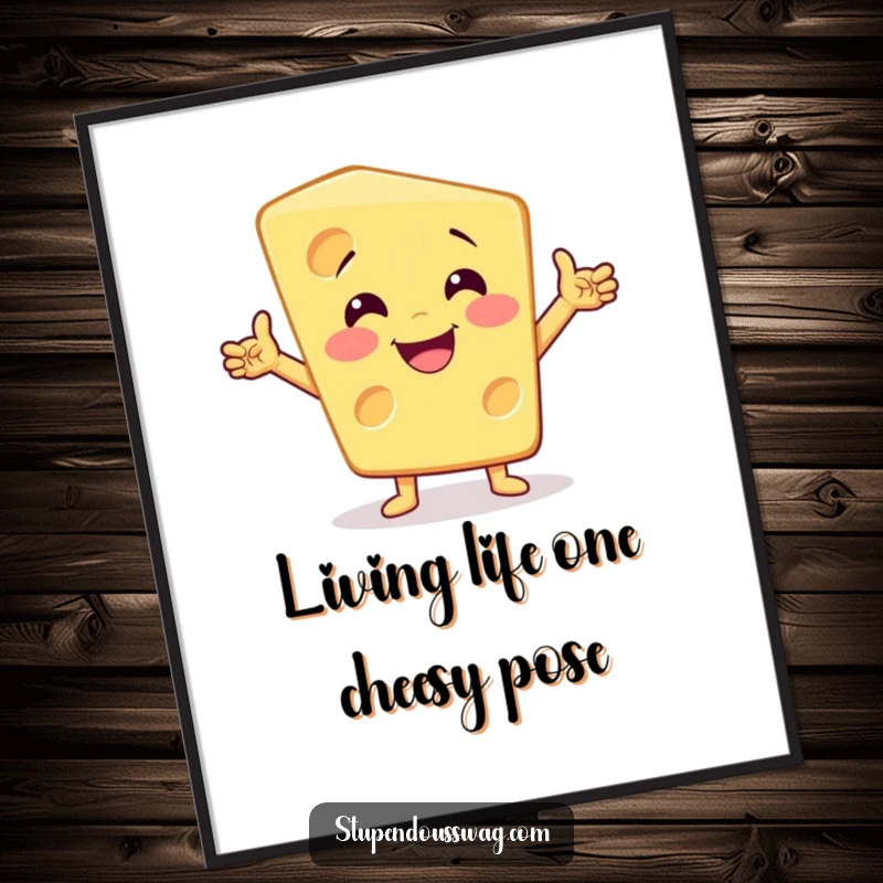 Funny Free Printable Wall Art: A smiling wedge of cheese performing a dramatic pose, adding a quirky and humorous touch to decor.