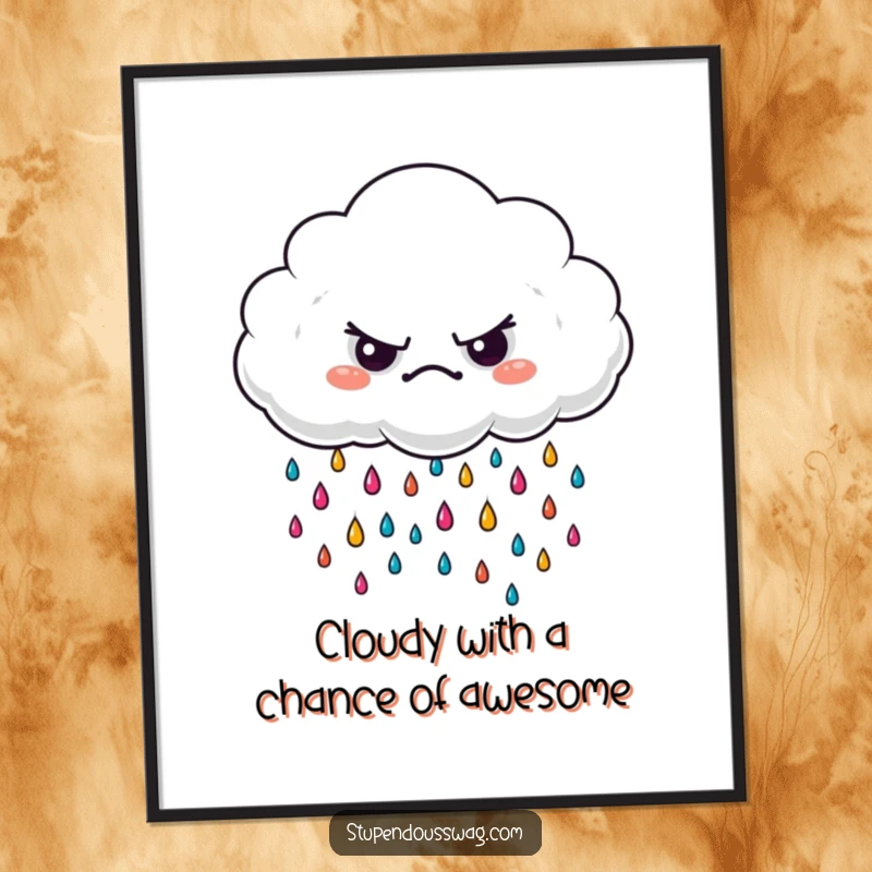 Funny Free Printable Wall Art: A grumpy cloud artistically raining colorful drops, exuding a comical, moody charm for any room.