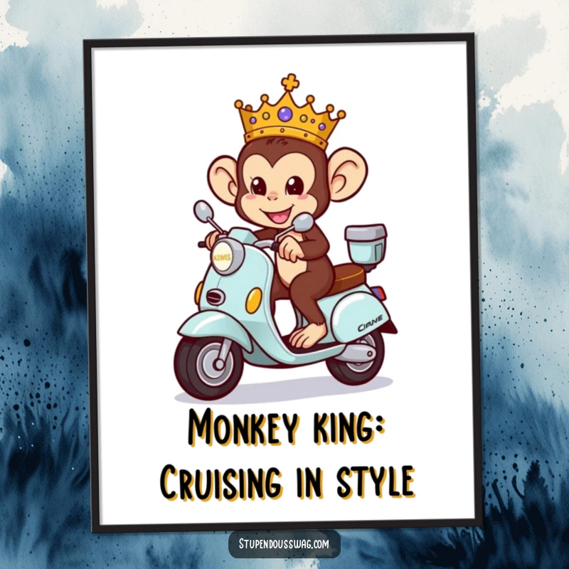 Funny free printable monkey king wall art, a mischievous monkey wearing a crown rides a tiny ornate scooter.