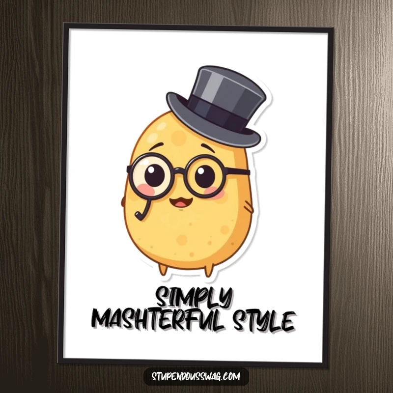 Funny Free Printable silly potato wearing monocle and top hat, looking distinguished, perfect for humorous wall art.