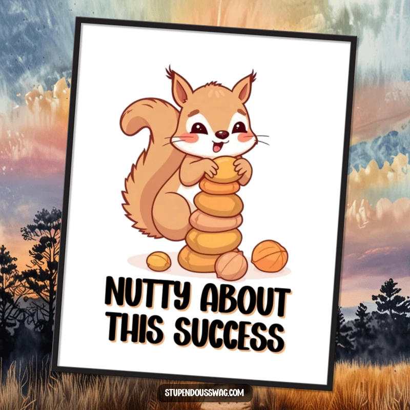Funny Free Printable clumsy squirrel balancing a stack of nuts, depicting a precarious situation, perfect for humorous wall art.