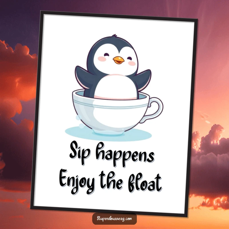 Funny Free Printable Wall Art: A dizzy penguin adrift in a teacup, playfully sailing like a tiny boat.