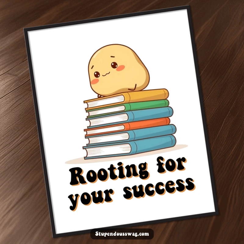 Funny Free Printable Wall Art: Ambitious potato heroically climbing a tall stack of books, motivational and humorous decor.