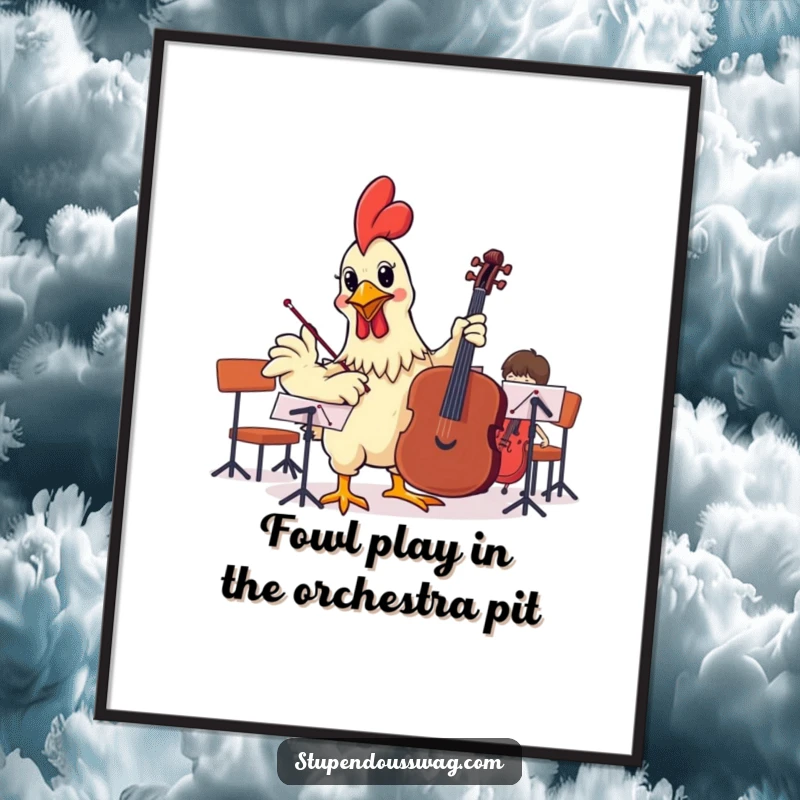 Funny Free Printable Wall Art: A rubber chicken energetically conducts a symphony orchestra with a baton, creating a humorous scene.