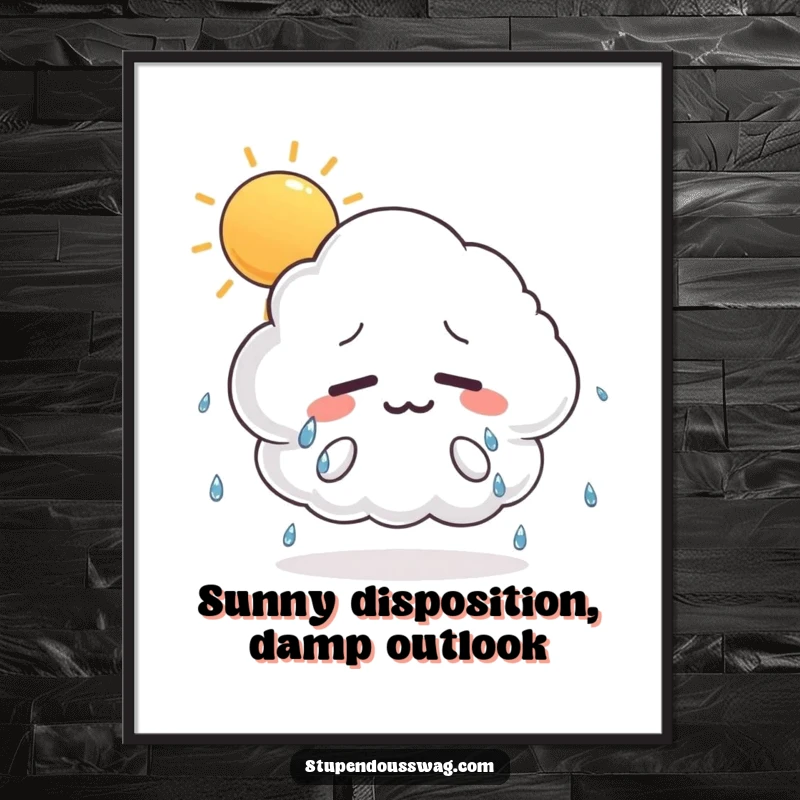 Funny Free Printable Wall Art depicting a nervous cloud sweating profusely under a bright sunny day, a humorous piece.