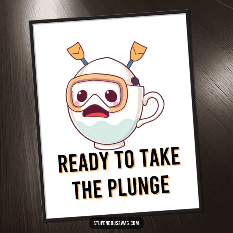 Funny Free Printable Wall Art depicting a startled teacup equipped with a diving mask and fins, humorously poised for an underwater adventure.