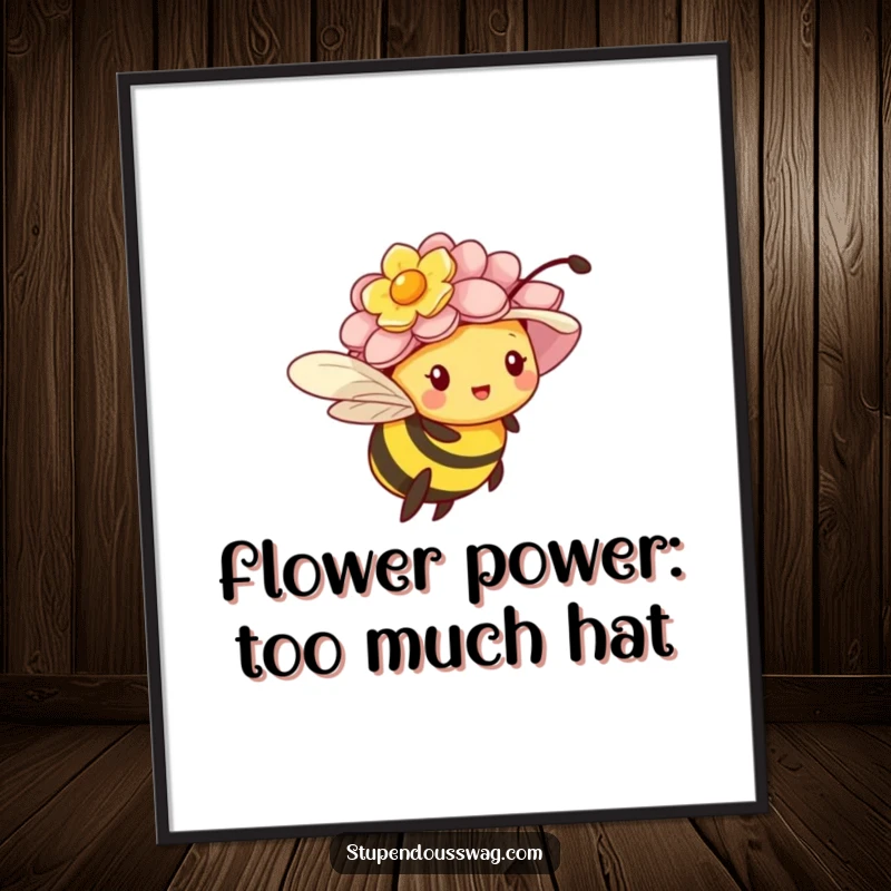 Funny Free Printable Wall Art: A tiny bee comically navigates the air with an oversized flower hat, adding whimsy.