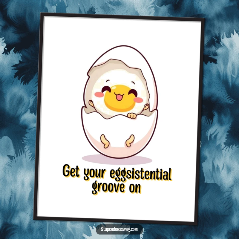 Funny Free Printable Wall Art: A startled egg cracks open revealing tiny legs mid-dance, adding a whimsical touch.