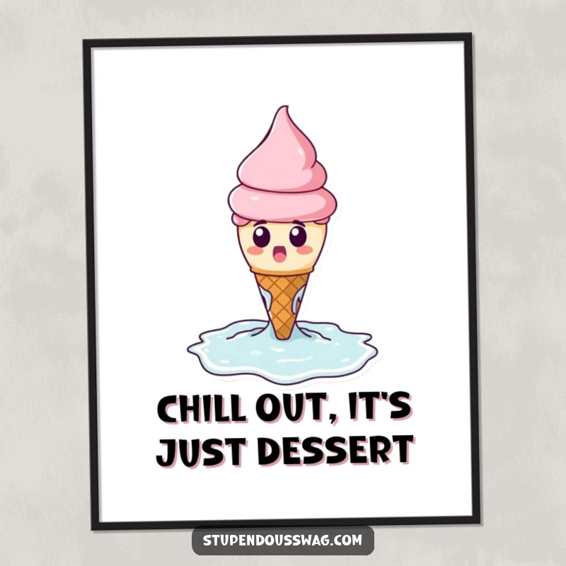 Funny Free Printable Wall Art: A surprised ice cream cone dramatically melts into a puddle, adding a humorous, artistic touch.
