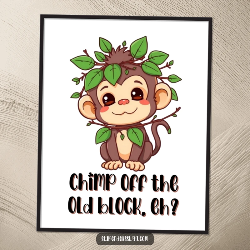 Funny free printable wall art: A mischievous monkey hides in plain sight wearing an elaborate disguise of leaves and twigs.