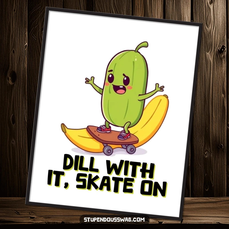 Funny Free Printable Wall Art: A mischievous pickle attempting to skateboard down a banana peel, captured mid-disaster.