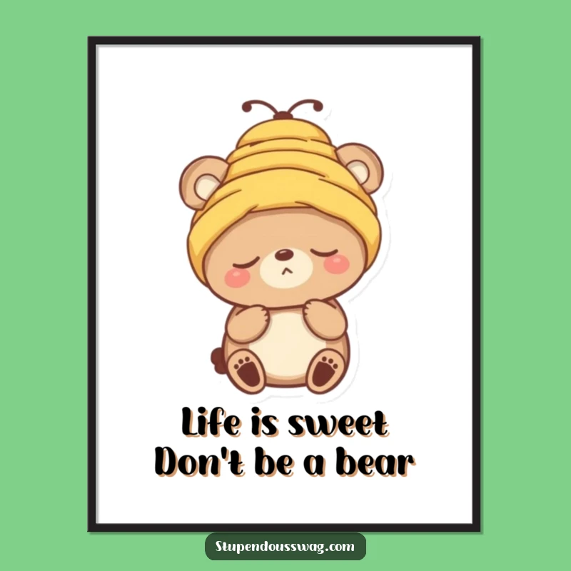 Funny Free Printable Wall Art: Sleepy Bear Beehive Hat Art Downloadable Gift